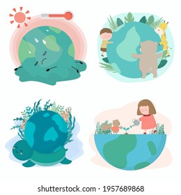 Happy Earth with eco for social banner or card on theme of saving the planet  and animal in cartoon character. Earth day concept, Isolated vector illustration 