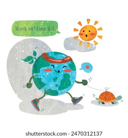 A happy earth is exercising with retro texture