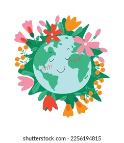 Happy earth with flowers flat icon Planet protection. Vector illustration