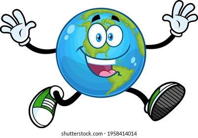 Happy Earth Globe Cartoon Character Running With Open Arms. Vector Hand Drawn Illustration Isolated On Transparent Background