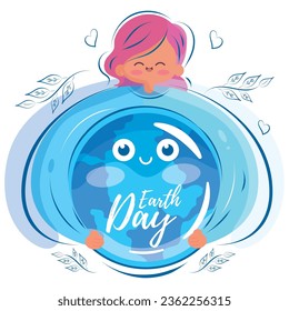 Happy earth globe character with a girl Happy earth day Vector