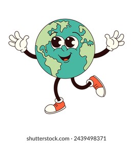 Happy Earth groovy character in trendy retro groovy style. Earth Day. Vector illustration for card, poster, banner, web