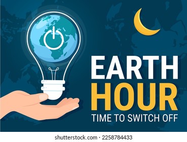 Happy Earth Hour Day Illustration with Lightbulb, World Map and Time to Turn Off in Flat Sleep Cartoon Hand Drawn Landing Page Templates