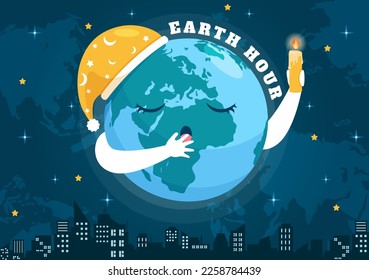 Happy Earth Hour Day Illustration with Lightbulb, World Map and Time to Turn Off in Flat Sleep Cartoon Hand Drake Lange Page Templates