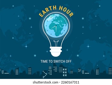 Happy Earth Hour Day Illustration with Lightbulb, World Map and Time to Turn Off in Flat Sleep Cartoon Hand Drawn Landing Page Templates