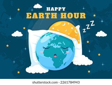 Happy Earth Hour Day Illustration with Lightbulb, World Map and Time to Turn Off in Flat Sleep Cartoon Hand Drawn Landing Page Templates