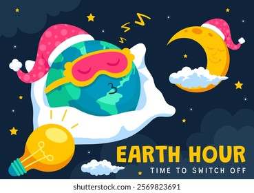 Happy Earth Hour Day Vector Illustration Featuring a Cloud, Light Bulb, World Map, and the Theme of Turning Off Lights in a Flat Cartoon Background