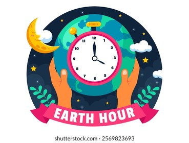 Happy Earth Hour Day Vector Illustration Featuring a Cloud, Light Bulb, World Map, and the Theme of Turning Off Lights in a Flat Cartoon Background