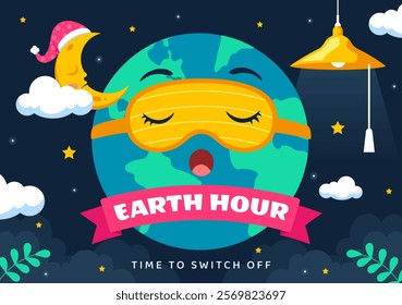 Happy Earth Hour Day Vector Illustration Featuring a Cloud, Light Bulb, World Map, and the Theme of Turning Off Lights in a Flat Cartoon Background