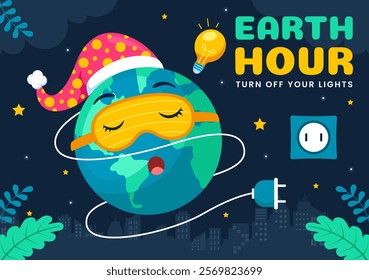 Happy Earth Hour Day Vector Illustration Featuring a Cloud, Light Bulb, World Map, and the Theme of Turning Off Lights in a Flat Cartoon Background