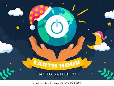 Happy Earth Hour Day Vector Illustration Featuring a Cloud, Light Bulb, World Map, and the Theme of Turning Off Lights in a Flat Cartoon Background