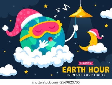 Happy Earth Hour Day Vector Illustration Featuring a Cloud, Light Bulb, World Map, and the Theme of Turning Off Lights in a Flat Cartoon Background