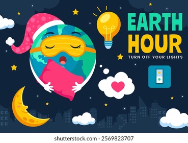 Happy Earth Hour Day Vector Illustration Featuring a Cloud, Light Bulb, World Map, and the Theme of Turning Off Lights in a Flat Cartoon Background