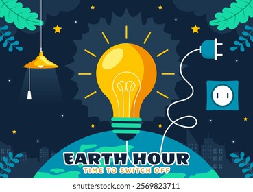 Happy Earth Hour Day Vector Illustration Featuring a Cloud, Light Bulb, World Map, and the Theme of Turning Off Lights in a Flat Cartoon Background