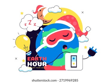 Ilustración vectorial Feliz Día De La Hora Del Planeta Con Nube, Bombilla, Mapa Del Mundo Y Tema De Apagado De Luces En Fondo De Dibujos Animados Planos