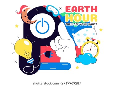 Happy Earth Hour Day, Vektorgrafik mit Wolke, Glühbirne, Weltkarte und dem Ausschalten von Lichtern Thema auf flachem Cartoon-Hintergrund