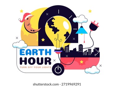 Ilustración vectorial Feliz Día De La Hora Del Planeta Con Nube, Bombilla, Mapa Del Mundo Y Tema De Apagado De Luces En Fondo De Dibujos Animados Planos