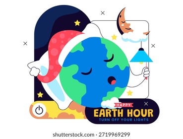 Happy Earth Hour Day Vector Illustration Featuring Cloud, Light Bulb, World Map, And Turning Off Lights Theme In Flat Cartoon Background