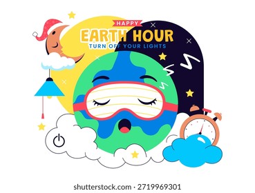 Happy Earth Hour Day, Vektorgrafik mit Wolke, Glühbirne, Weltkarte und dem Ausschalten von Lichtern Thema auf flachem Cartoon-Hintergrund