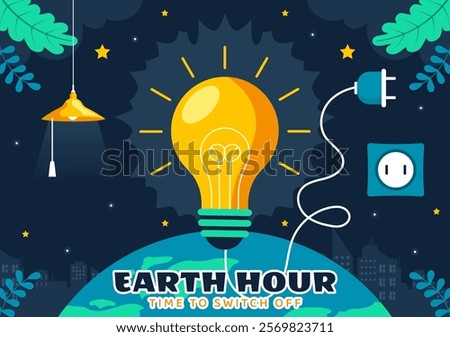 Happy Earth Hour Day Vector Illustration Featuring a Cloud, Light Bulb, World Map, and the Theme of Turning Off Lights in a Flat Cartoon Background