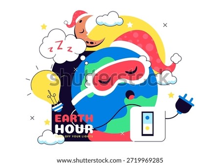 Happy Earth Hour Day Vector Illustration Featuring Cloud, Light Bulb, World Map, And Turning Off Lights Theme In Flat Cartoon Background