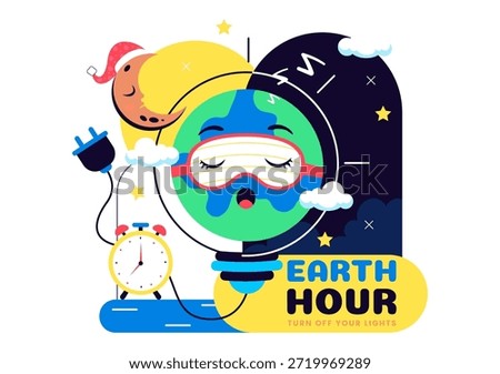 Happy Earth Hour Day Vector Illustration Featuring Cloud, Light Bulb, World Map, And Turning Off Lights Theme In Flat Cartoon Background