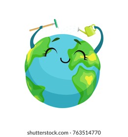 Happy Earth planet character cleaning itself with rake and watering can, cute globe with smiley face and hands vector Illustration