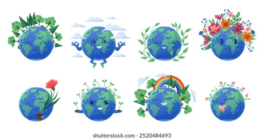 Happy Earth planet characters set. Funny globes with cute faces and smile, rainbow and flowers, environment protection mascots, eco friendly badges pack of Earth Day cartoon vector illustration