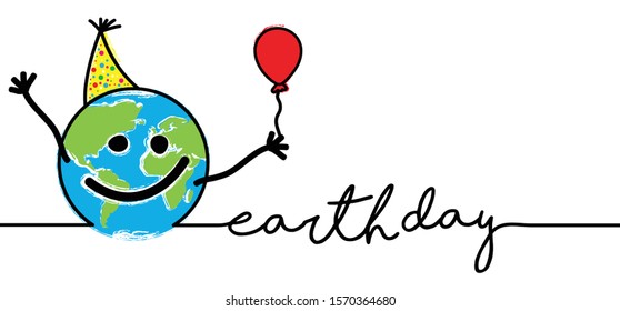 Happy earth or planet day, April. Cartoon, clipart, globe worldwide view Europe and africa map and ocean. Water sky, co2 symbol. Vector ecological banner. No plastic concept. sos, save the world 