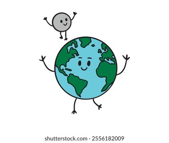 happy earth planet and smiling moon cartoon hand drawn illustration. Planet character for posters, postcards, prints, apparel, clothes. Vector illustration