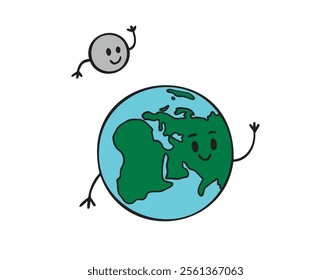 happy earth planet and smiling moon cartoon hand drawn illustration. Planet character for posters, postcards, prints, apparel, clothes. Vector illustration