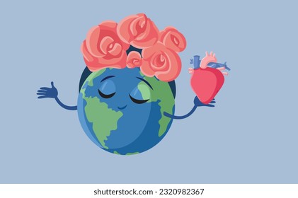 
Happy Earth Planet Wearing a Floral Wreath Vector Cartoon illustration. Blooming Terra with a crown of flowers holding a heart 

