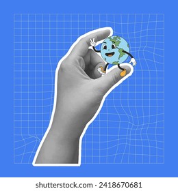 Happy earth in retro style. Mascot rubber hose in collage hand. Save the planet. Vector illustration.