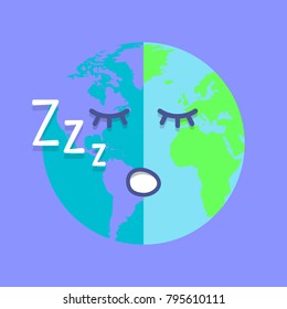 Happy  Earth with Sleeping Face. Flat and Cute. Earth Day.