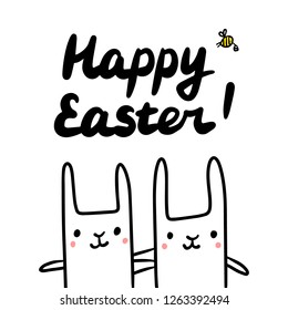 Happy easeter cute hand drawn lettering with two rabbits together minimalism