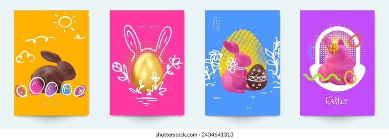 Happy easte composition. Collection festive pop art collages. Set background for card, cover, poster in modern bright abstract style. Vector holiday illustration.