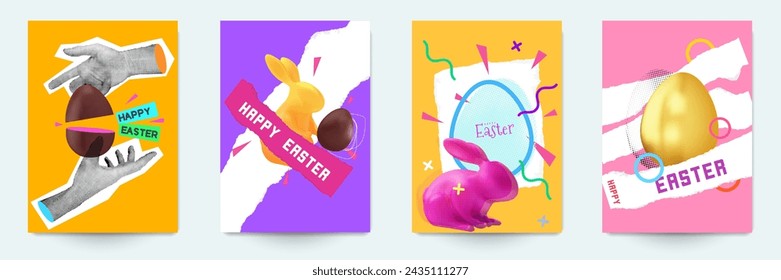 Happy easte composition. Collection festive pop art collages. Set background for card, cover, poster in modern bright abstract style. Vector holiday illustration.