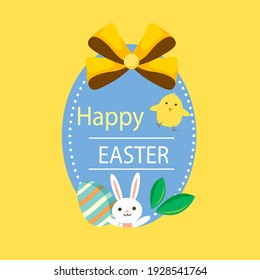 Happy Easte greeting card with white bunny and colorful egg. Vector 