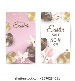 Happy Easter 2 flyers, leaflets, cards. Sales discounts. Pink, white background. Flowers,Eggs 3D. Vector