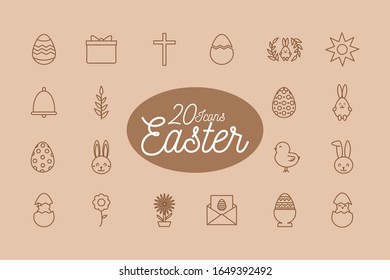 Happy easter 20 line style icon set design, Spring decoration holiday greeting ornament celebration festive season tradition and festival theme Vector illustration