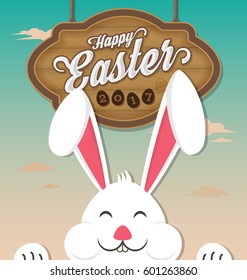 Happy Easter 2017 with wooden board hanging and smiling rabbit. Vector illustration