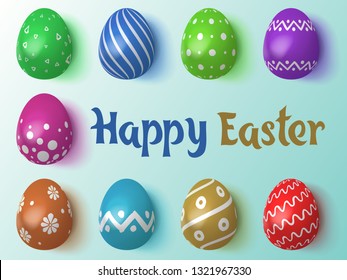 Happy Easter 2019. Vector Illustration. Set of Easter eggs with different tracery on an Isolated Background. Realistic chicken eggs with lighting and shadow. Holiday background.