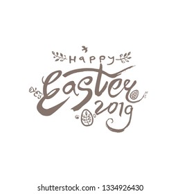 Happy Easter 2019. Vector illustration easter logo dry brush painting. Easter bunny, inscription and easter egg.