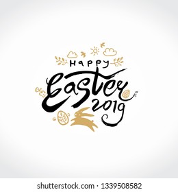 Happy Easter 2019. Vector illustration easter logo dry brush painting in black and golden colors. Easter bunny, inscription and easter egg.