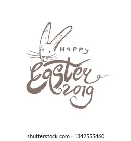 Happy Easter 2019. Vector logo ogo with a portrait of the Easter Bunny dry brush painting. 