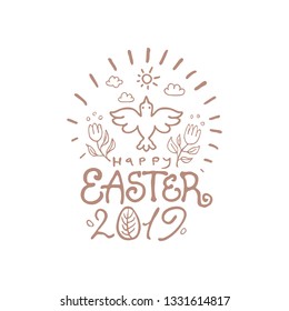 Happy Easter 2019. Vector template with lettering and Spring bird. Line art graphics pattern.