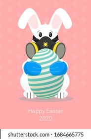 Happy Easter 2020 Card with Funny Vector Flat Style Cartoon Character of Small White Worried Bunny Rabbit Wearing Protective Face Mask or Respirator and Gloves. Post Card with Illustration.