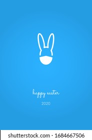 Happy Easter 2020 Card with Funny Vector Minimalist Icon Cartoon Character of Small White Bunny Rabbit Wearing Protective Face Mask or Respirator. COVID-19 reaction Post Card with Illustration.