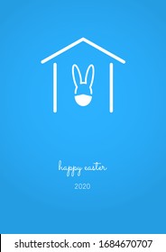 Happy Easter 2020 Card with Funny Vector Minimalist Icon Cartoon Character of Small White Bunny Rabbit Wearing Protective Face Mask or Respirator staying at home in Quarantine. COVID-19 Reaction.