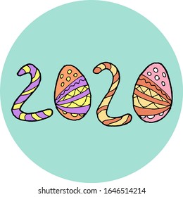 Happy Easter 2020 year in doodle style. egg instead of zero.Vector illustration
